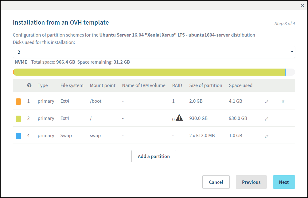 OVH server partitioning setup interface showing disk configuration