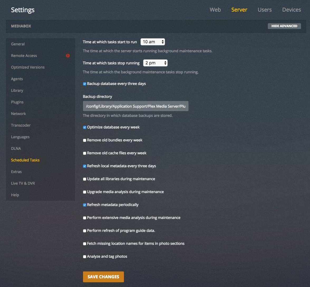 Plex Scheduled Tasks settings showing extensive media analysis disabled
